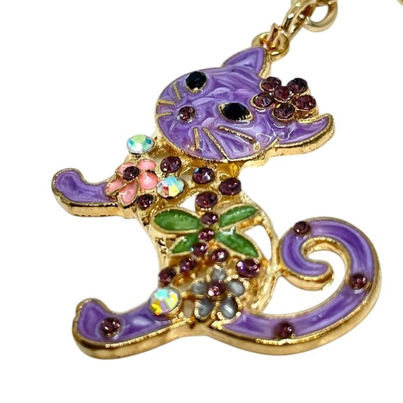 3/$30 CAT KEYCHAIN GOLD TONE ENAMEL RHINESTONE PURPLE BAG CHARM NWT GIFT - Picture 6 of 9
